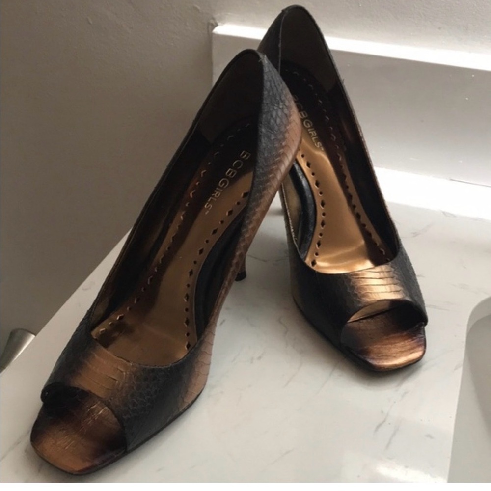 BCBGirls Metallic Bronze and Black Peep-Toe Heels